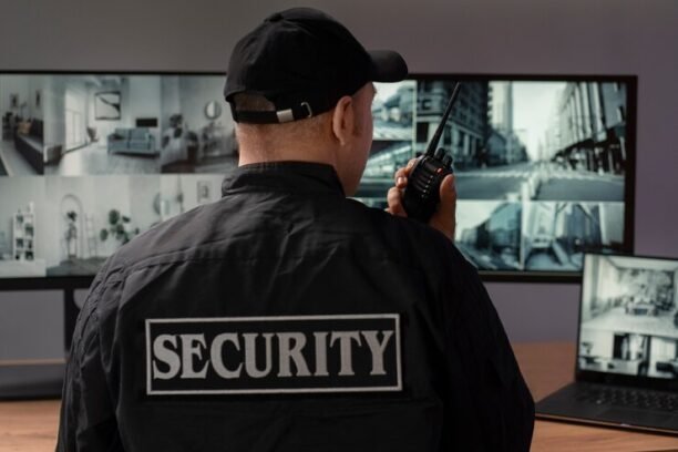 Trained security officer monitoring surveillance systems