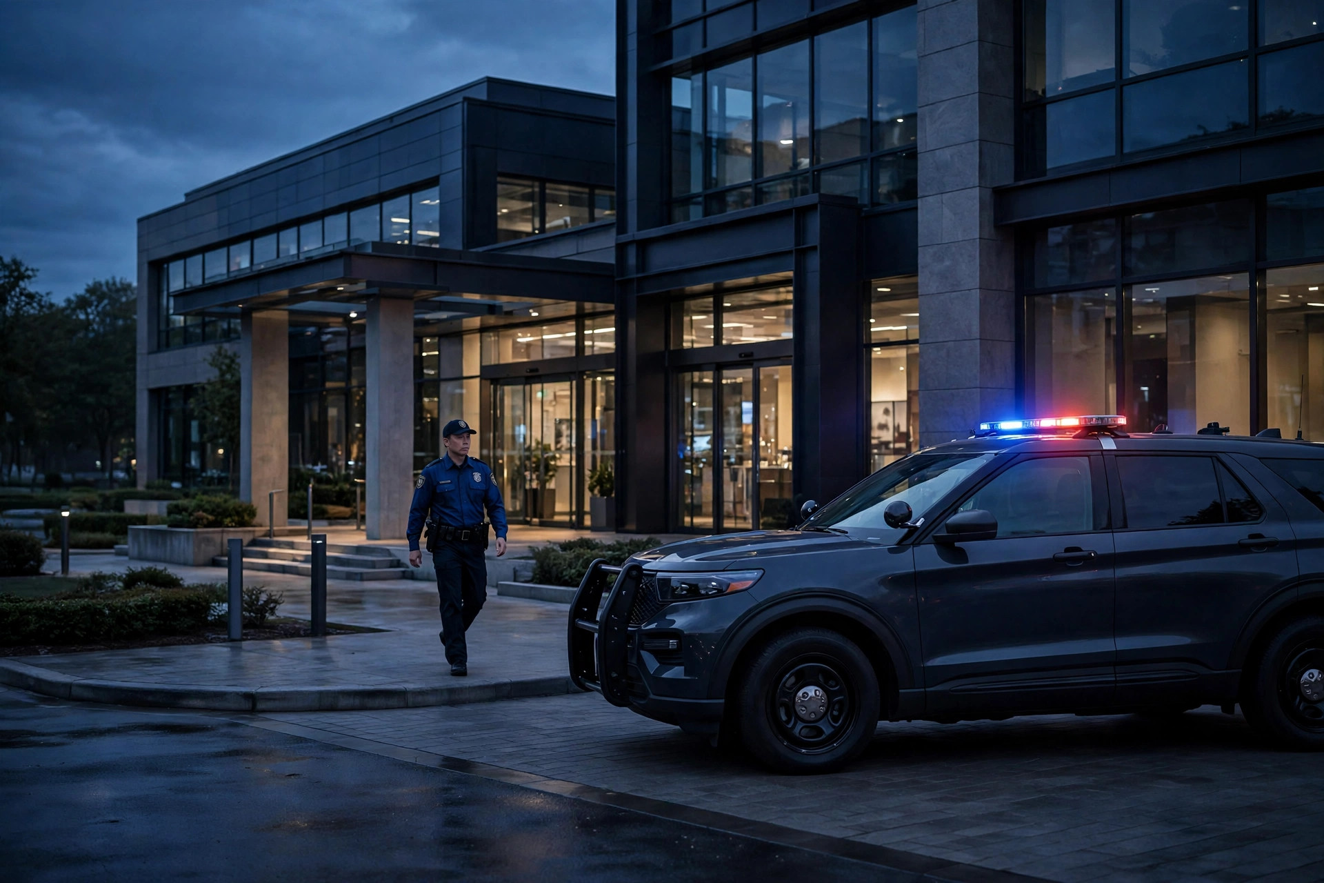 MetaSecurity patrol vehicle responding at dusk